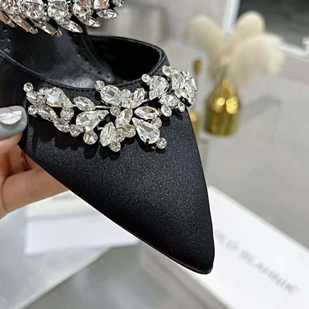 Manolo Blahnik Women Black Satin Crystal Embellished Mules - image 8