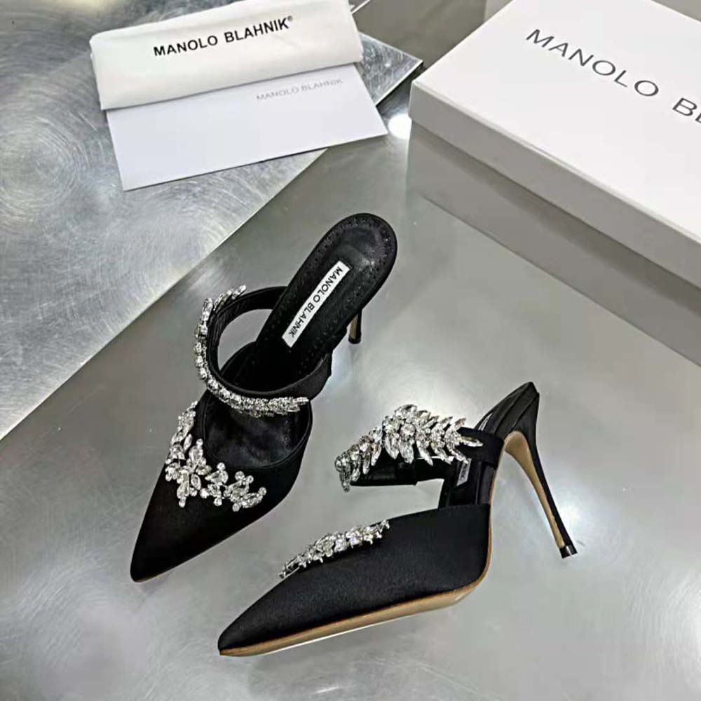 Manolo Blahnik Women Black Satin Crystal Embellished Mules - image 4