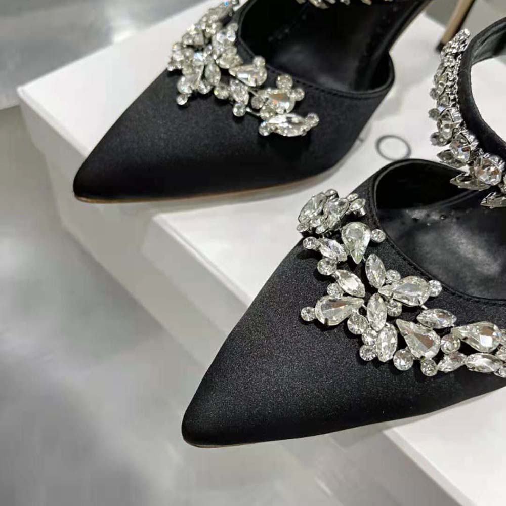 Manolo Blahnik Women Black Satin Crystal Embellished Mules - image 7