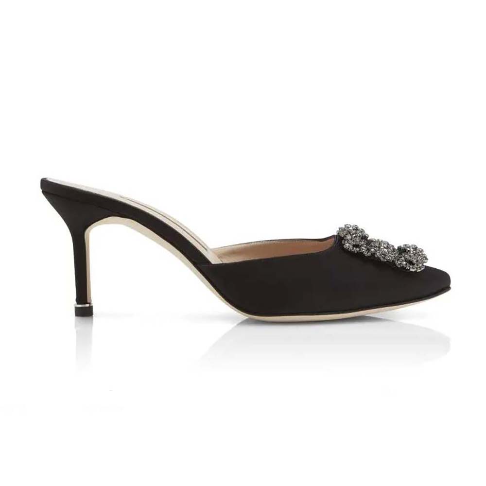 Side view of Manolo Blahnik Women Black Satin Jewel Buckle Mules showcasing jewel detail