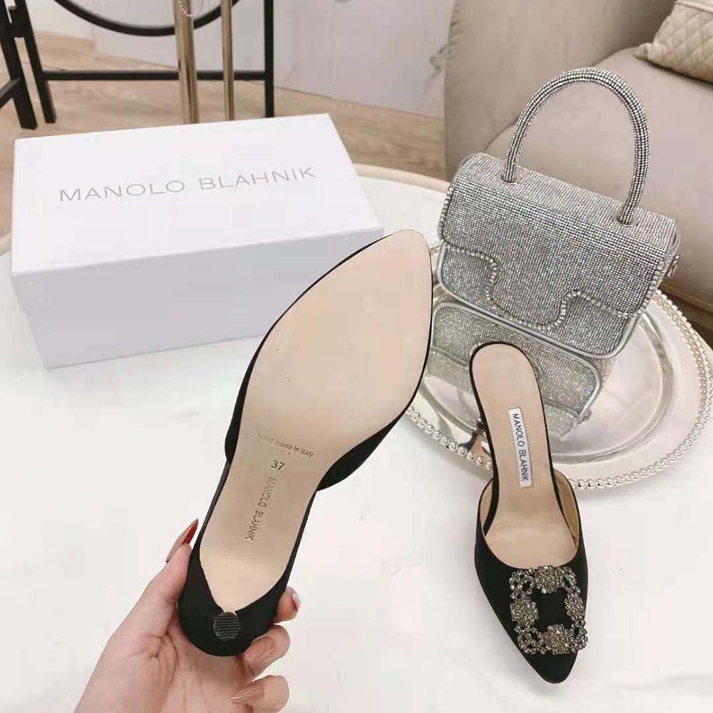 Manolo Blahnik Women Black Satin Jewel Buckle Mules - image 10