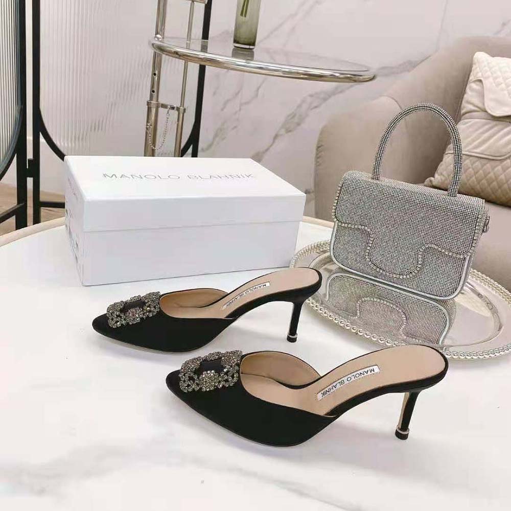 Manolo Blahnik Women Black Satin Jewel Buckle Mules - image 4