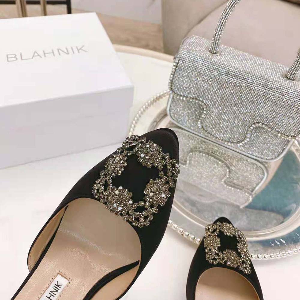 Manolo Blahnik Women Black Satin Jewel Buckle Mules - image 8