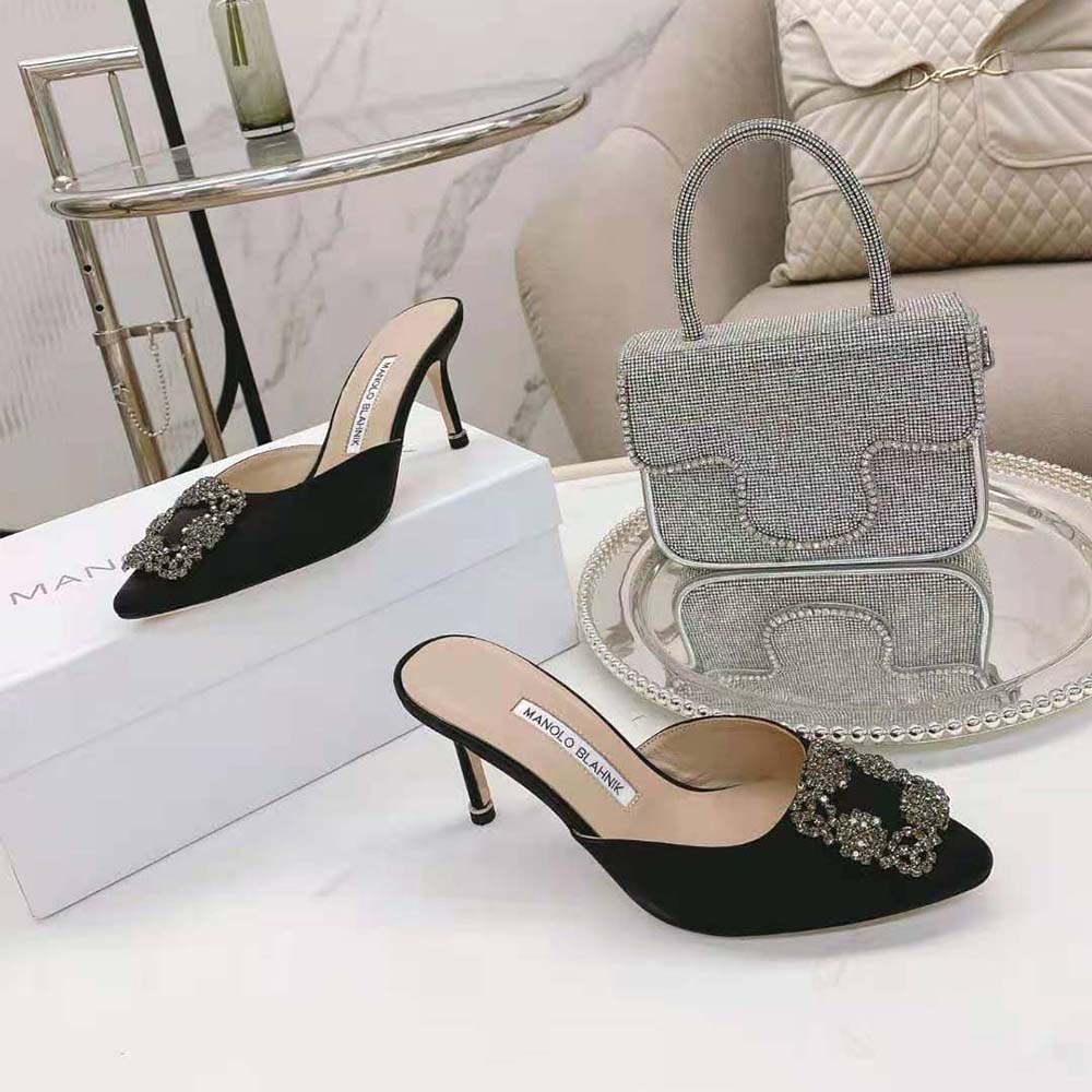 Manolo Blahnik Women Black Satin Jewel Buckle Mules - image 5
