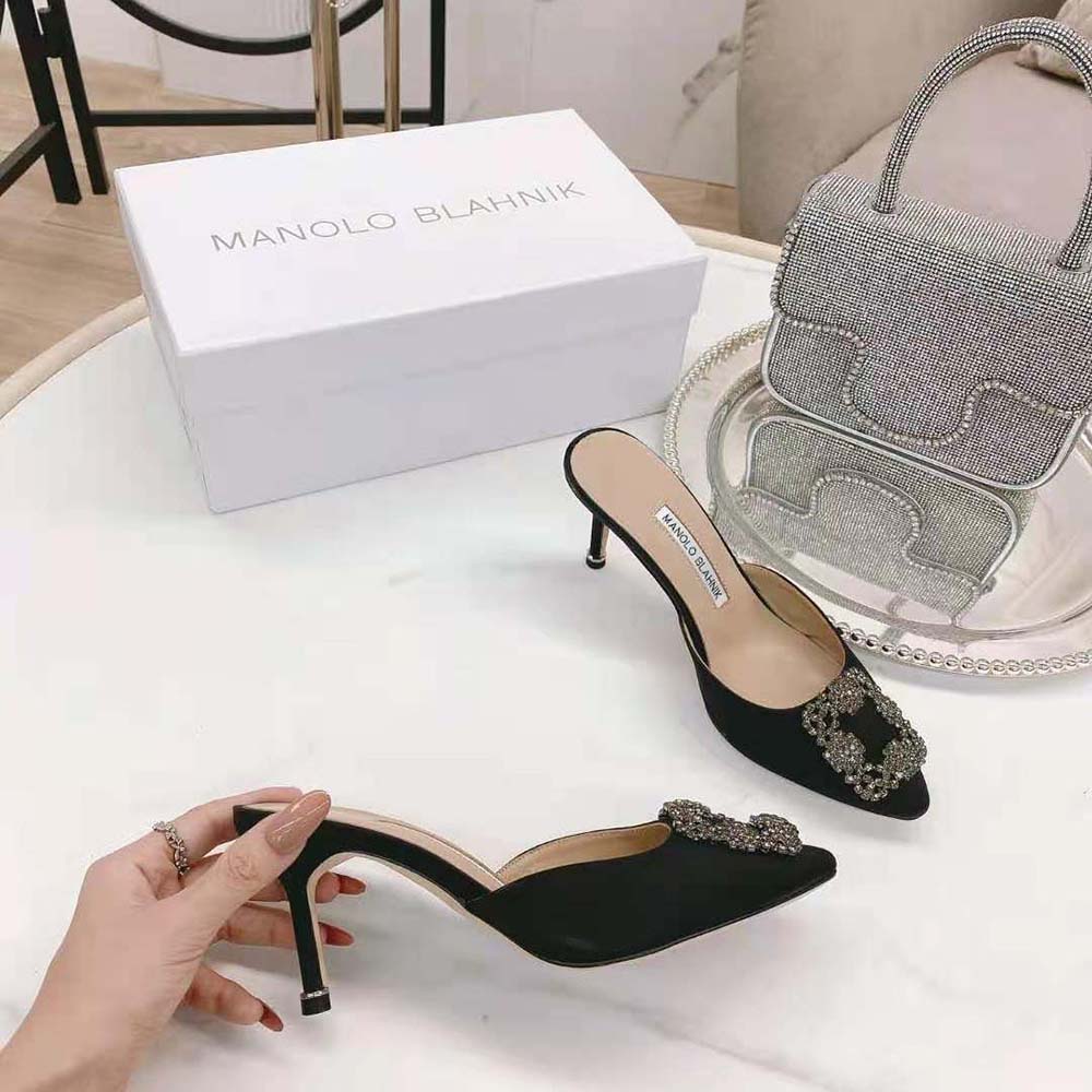 Manolo Blahnik Women Black Satin Jewel Buckle Mules - image 6