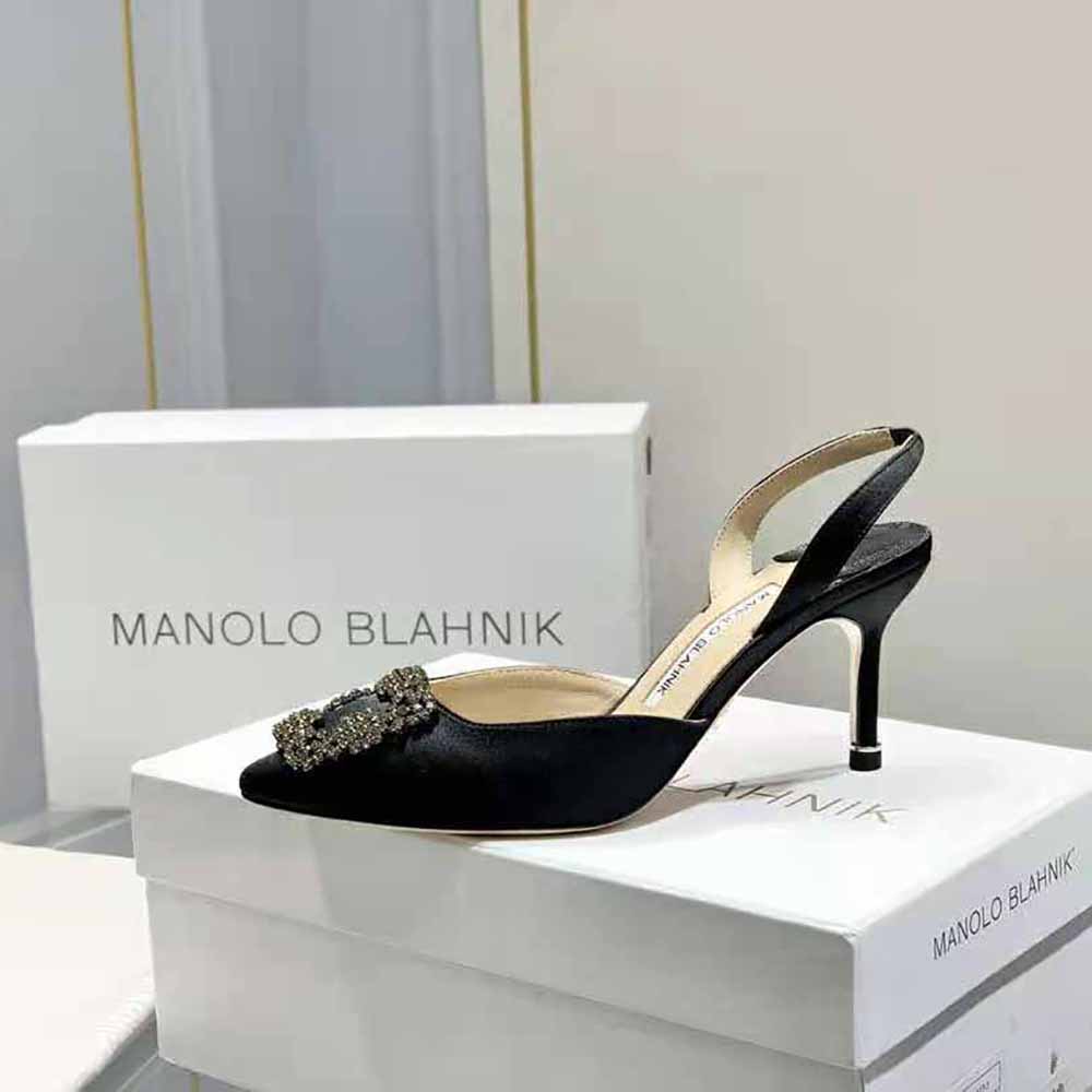 Manolo Blahnik Women Black Satin Jewel Buckle Slingback Pumps - image 5
