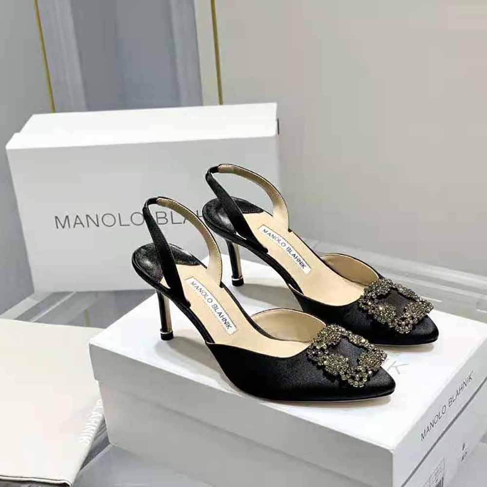 Overhead view of Manolo Blahnik Women Black Satin Jewel Buckle Slingback Pumps