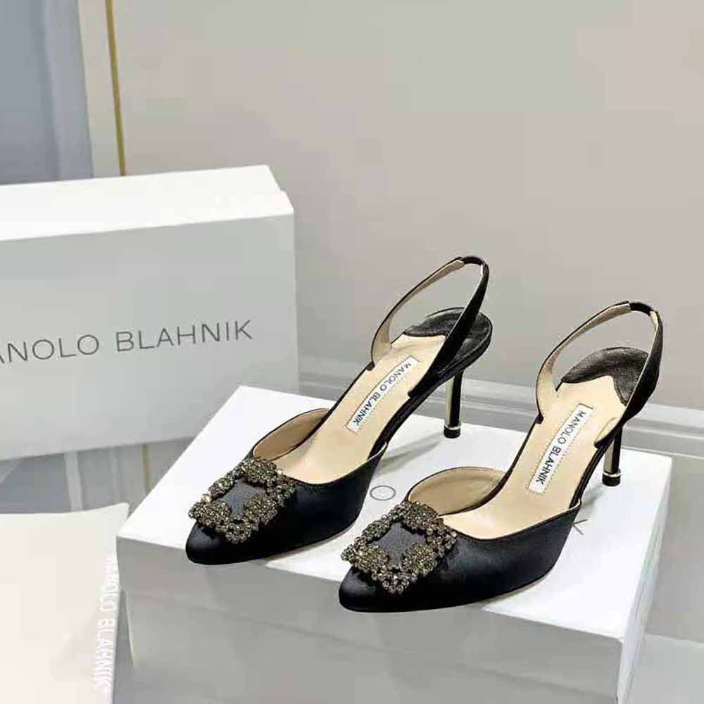Manolo Blahnik Women Black Satin Jewel Buckle Slingback Pumps - image 4