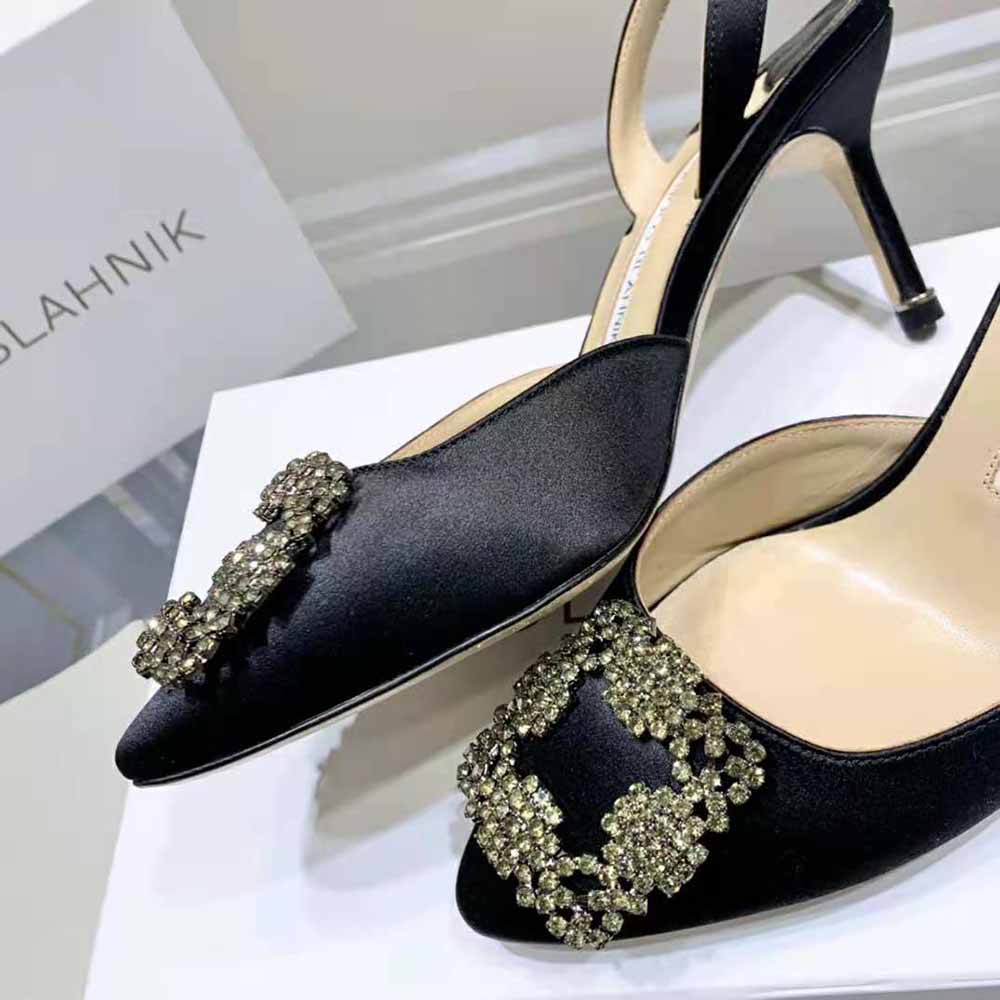 Manolo Blahnik Women Black Satin Jewel Buckle Slingback Pumps - image 8