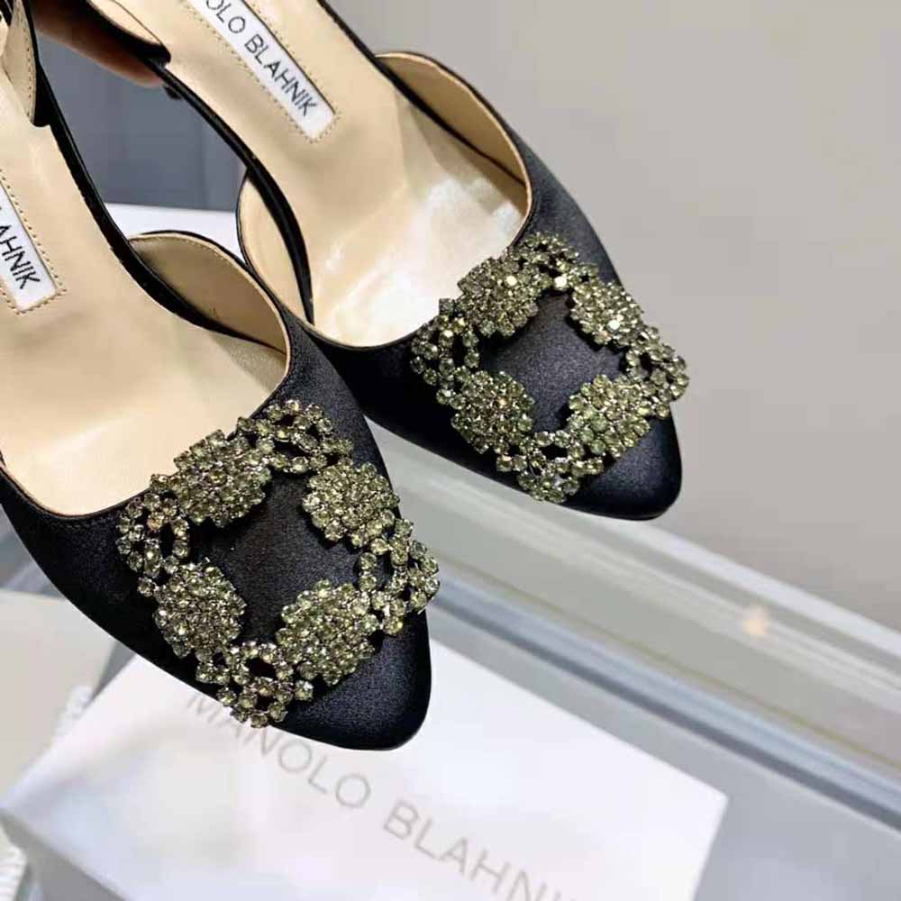 Manolo Blahnik Women Black Satin Jewel Buckle Slingback Pumps - image 6