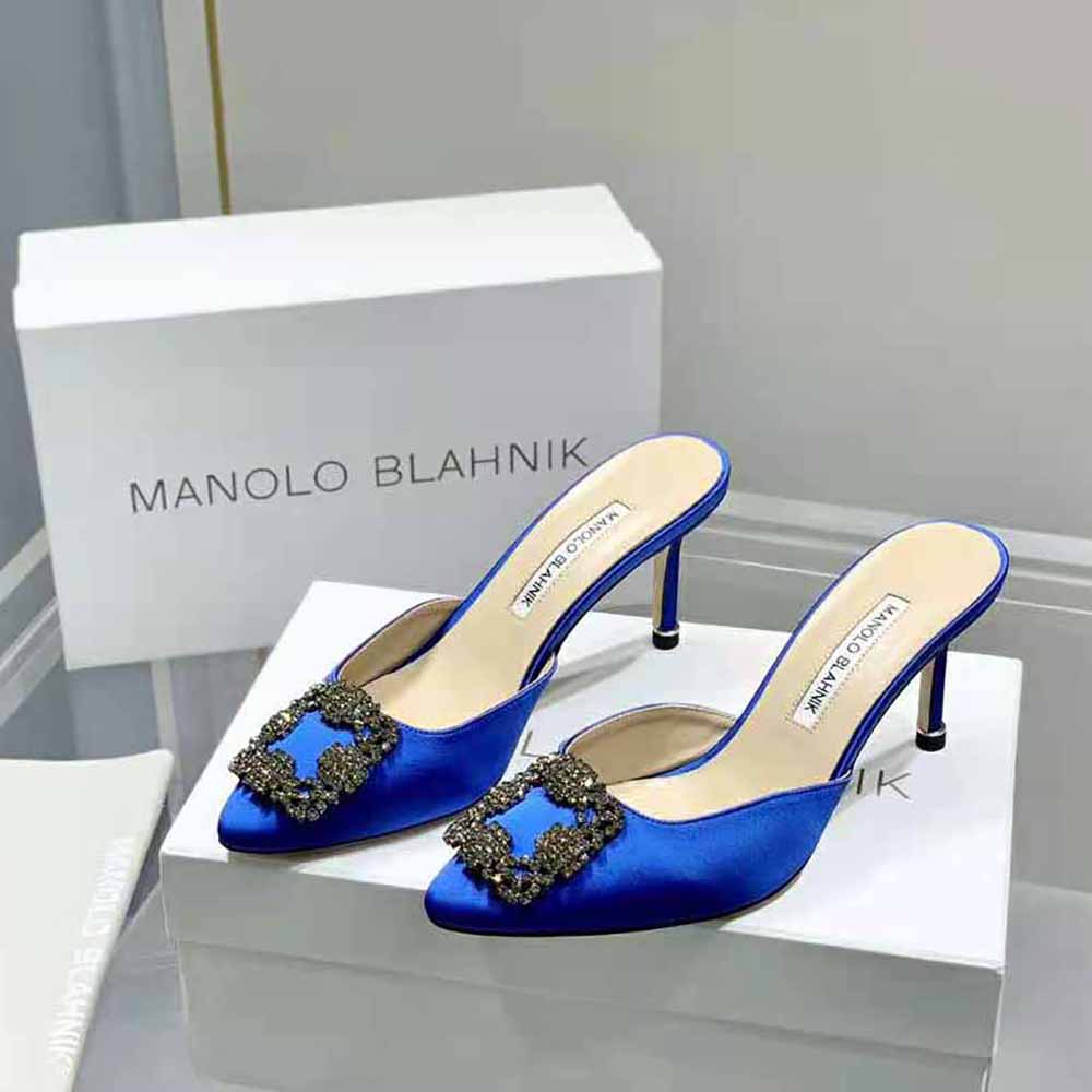 Top view of blue satin upper and heel on Manolo Blahnik mules