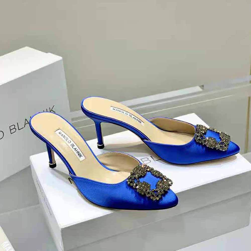 Manolo Blahnik Women Blue Satin Jewel Buckle Mules - image 5