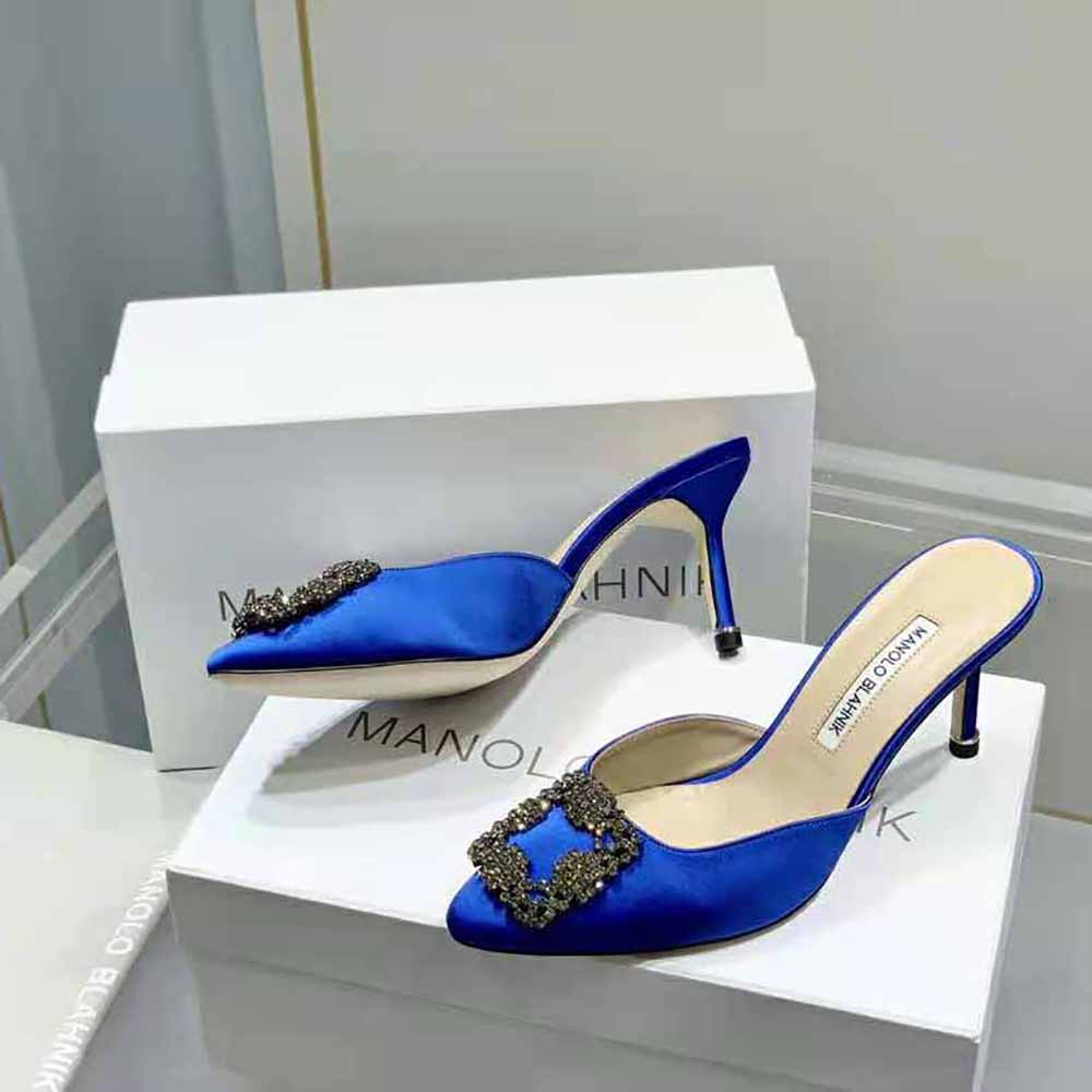 Manolo Blahnik Women Blue Satin Jewel Buckle Mules - image 4