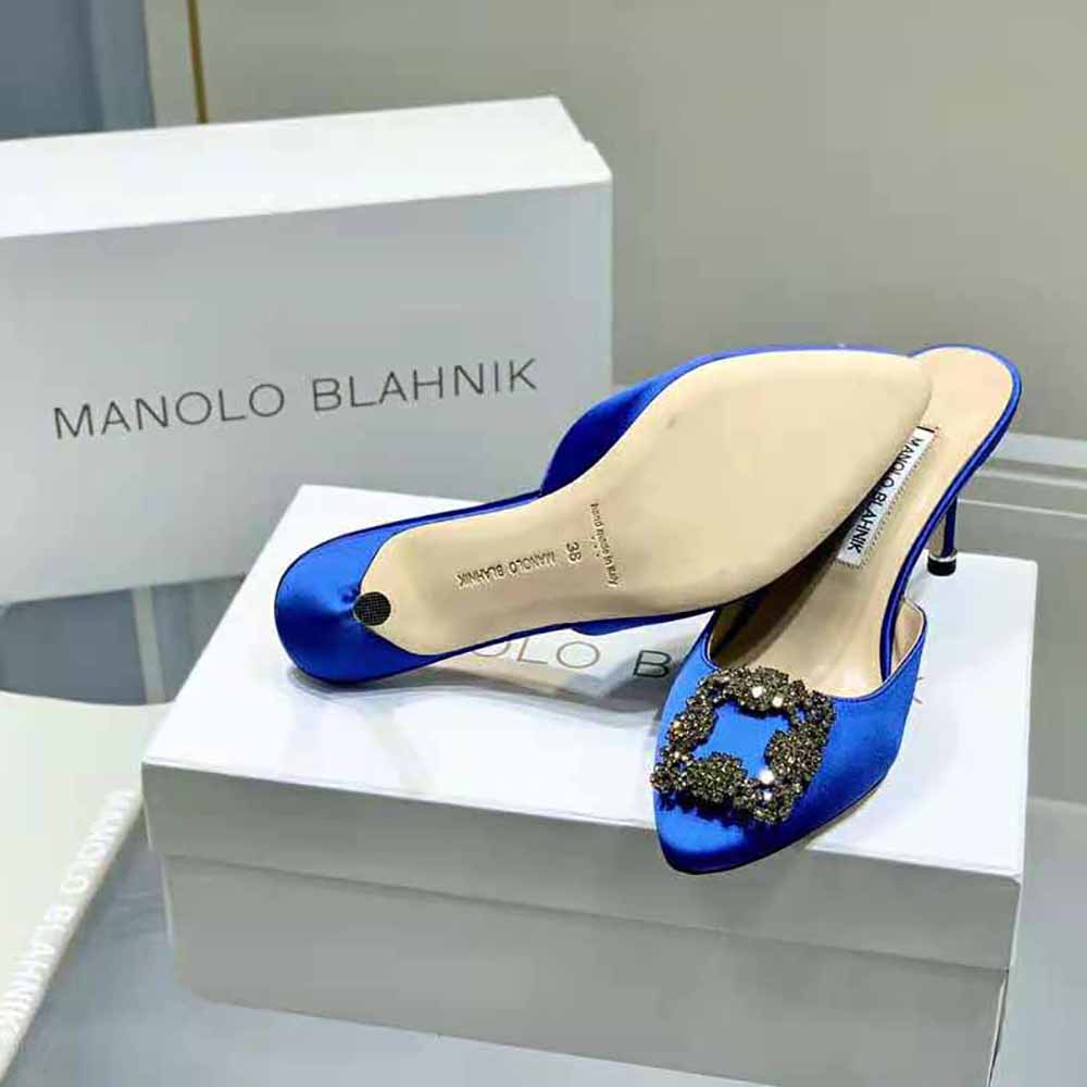 Manolo Blahnik Women Blue Satin Jewel Buckle Mules - image 6