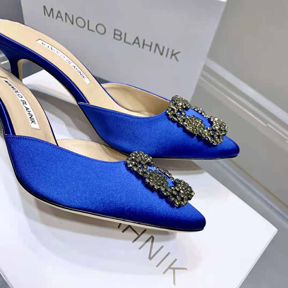 Manolo Blahnik Women Blue Satin Jewel Buckle Mules - image 7