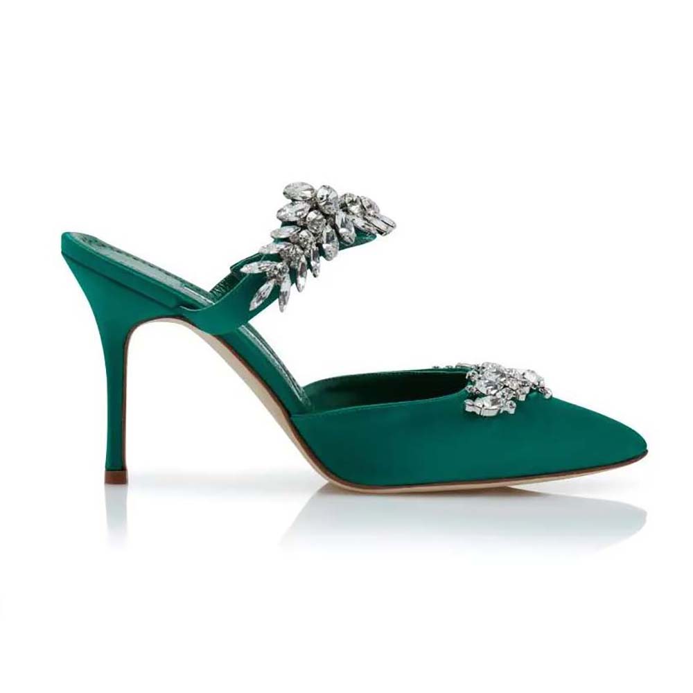 Side view of Manolo Blahnik Women Green Satin Crystal Embellished Mules