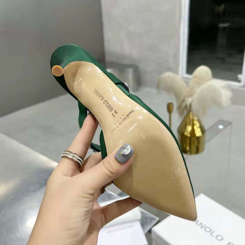Manolo Blahnik Women Green Satin Crystal Embellished Mules - image 10