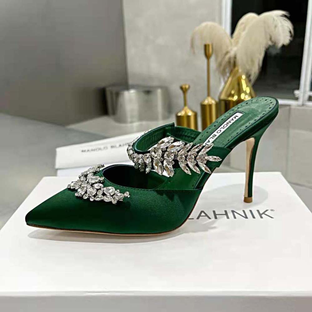 Manolo Blahnik Women Green Satin Crystal Embellished Mules - image 7