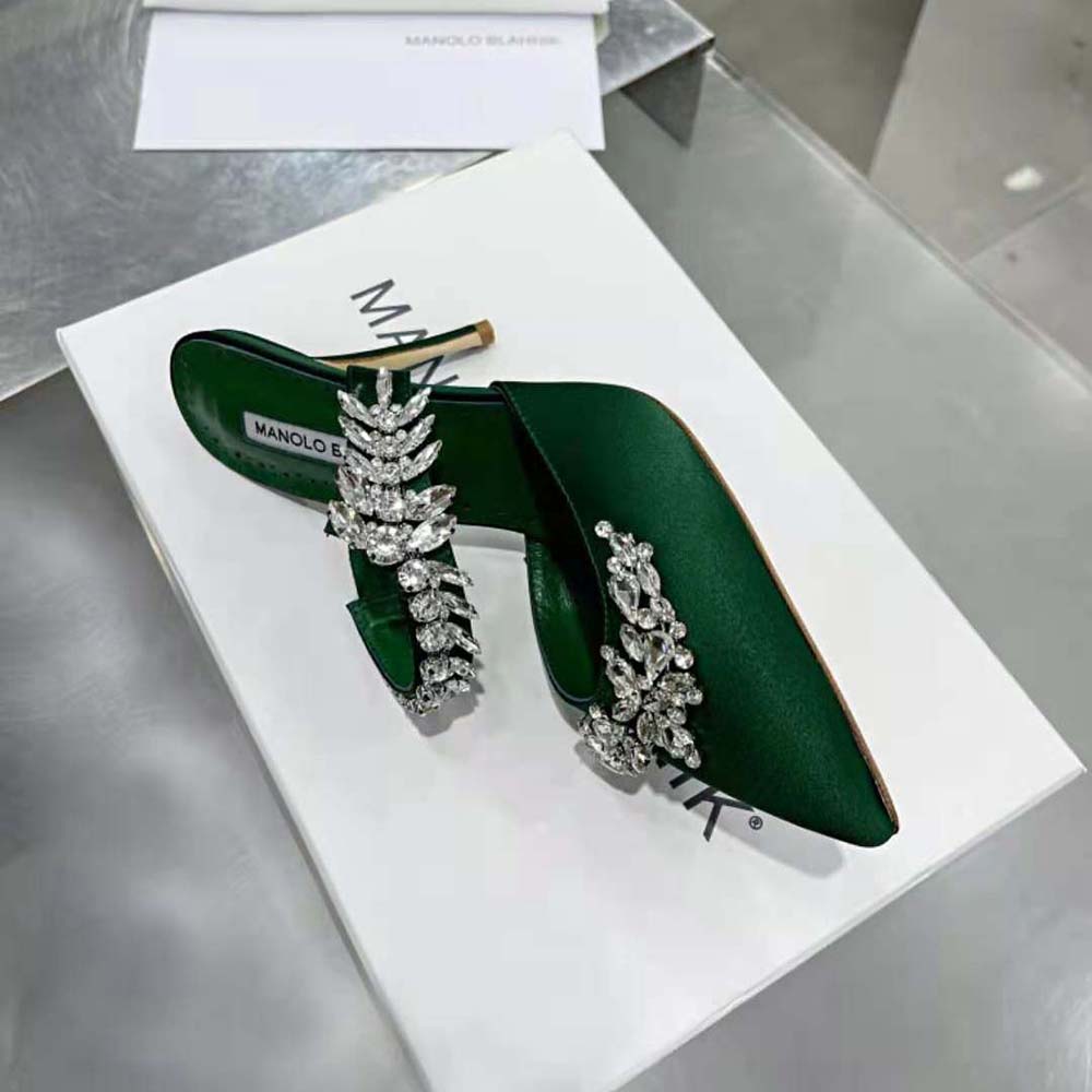 Manolo Blahnik Women Green Satin Crystal Embellished Mules - image 8