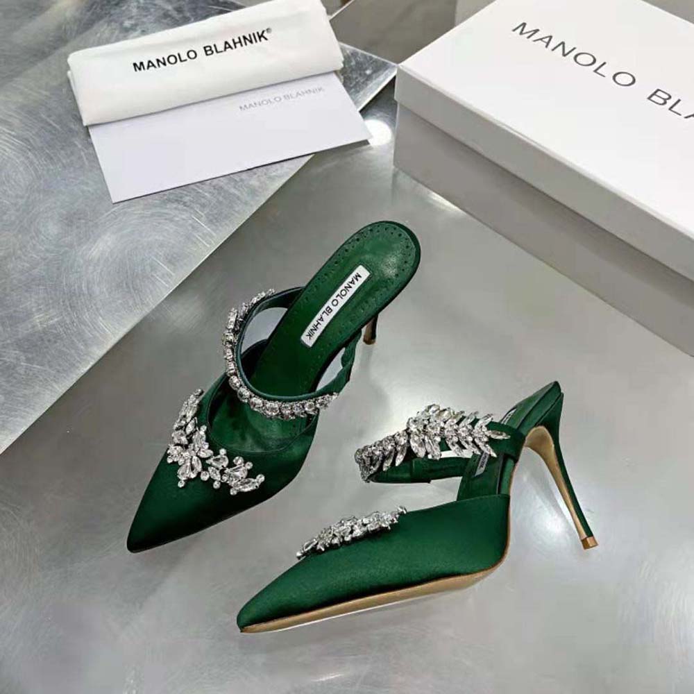 Manolo Blahnik Women Green Satin Crystal Embellished Mules - image 4