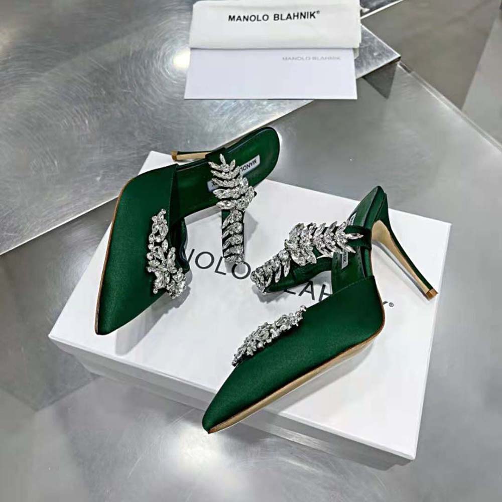 Manolo Blahnik Women Green Satin Crystal Embellished Mules - image 6