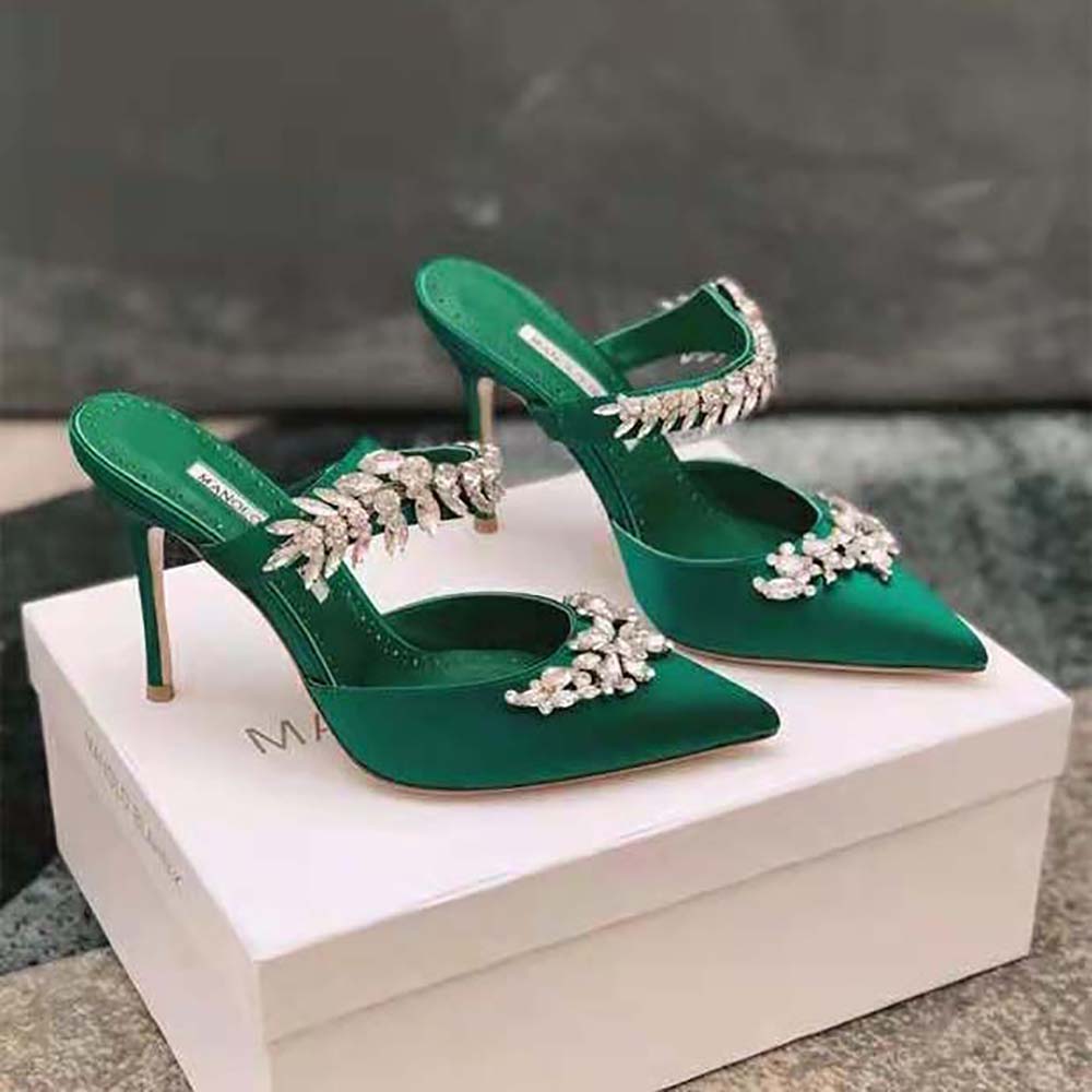 Manolo Blahnik Women Green Satin Crystal Embellished Mules - image 5