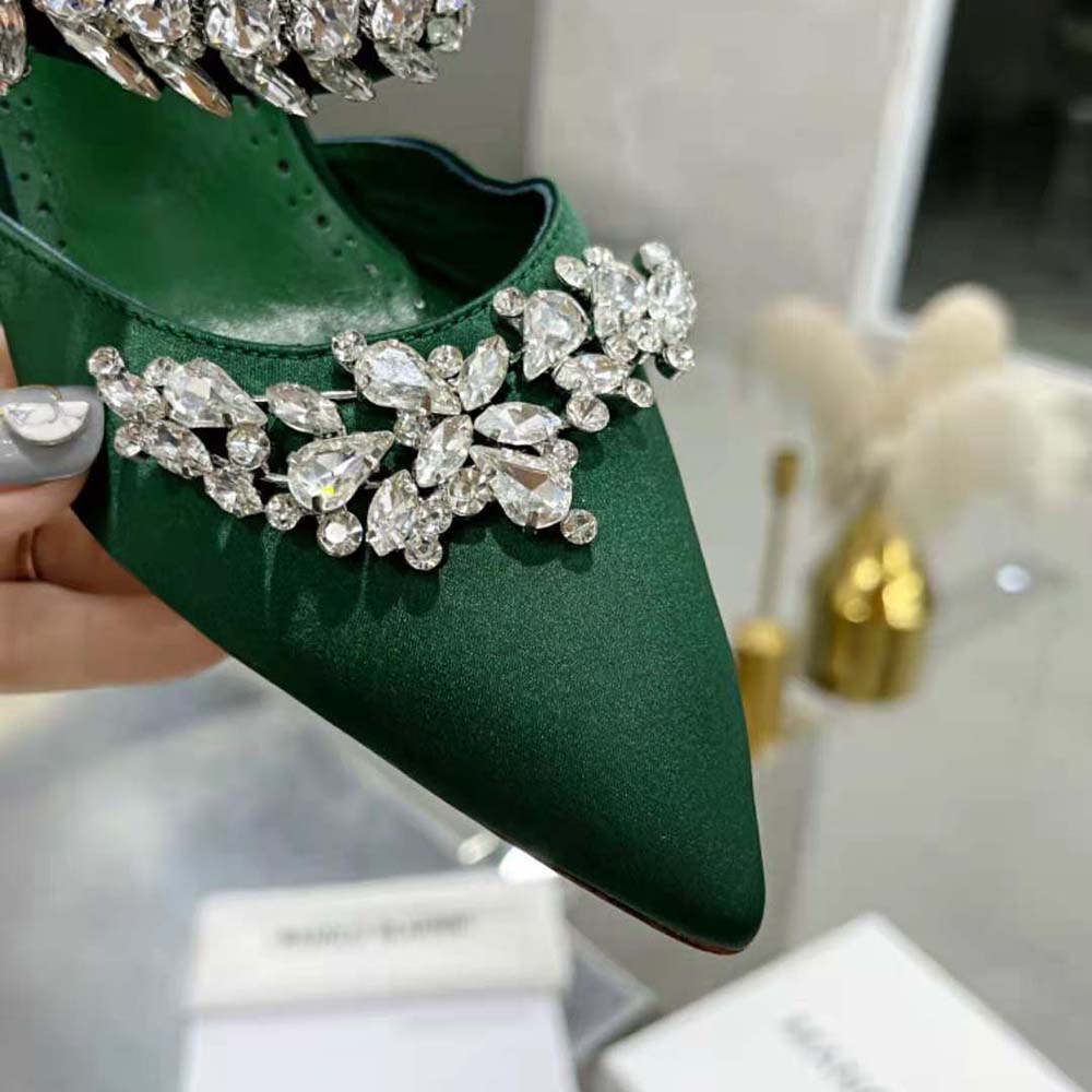Manolo Blahnik Women Green Satin Crystal Embellished Mules - image 9