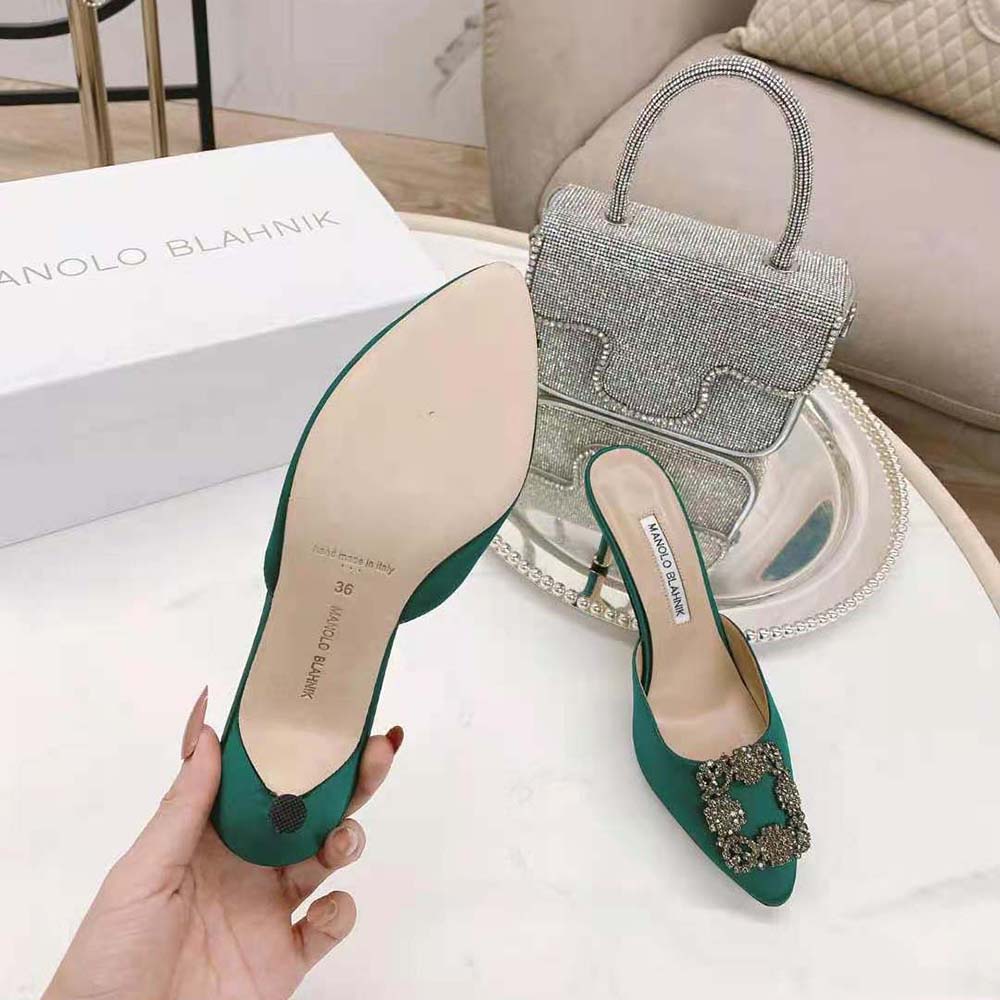 Manolo Blahnik Women Green Satin Jewel Buckle Mules - image 7