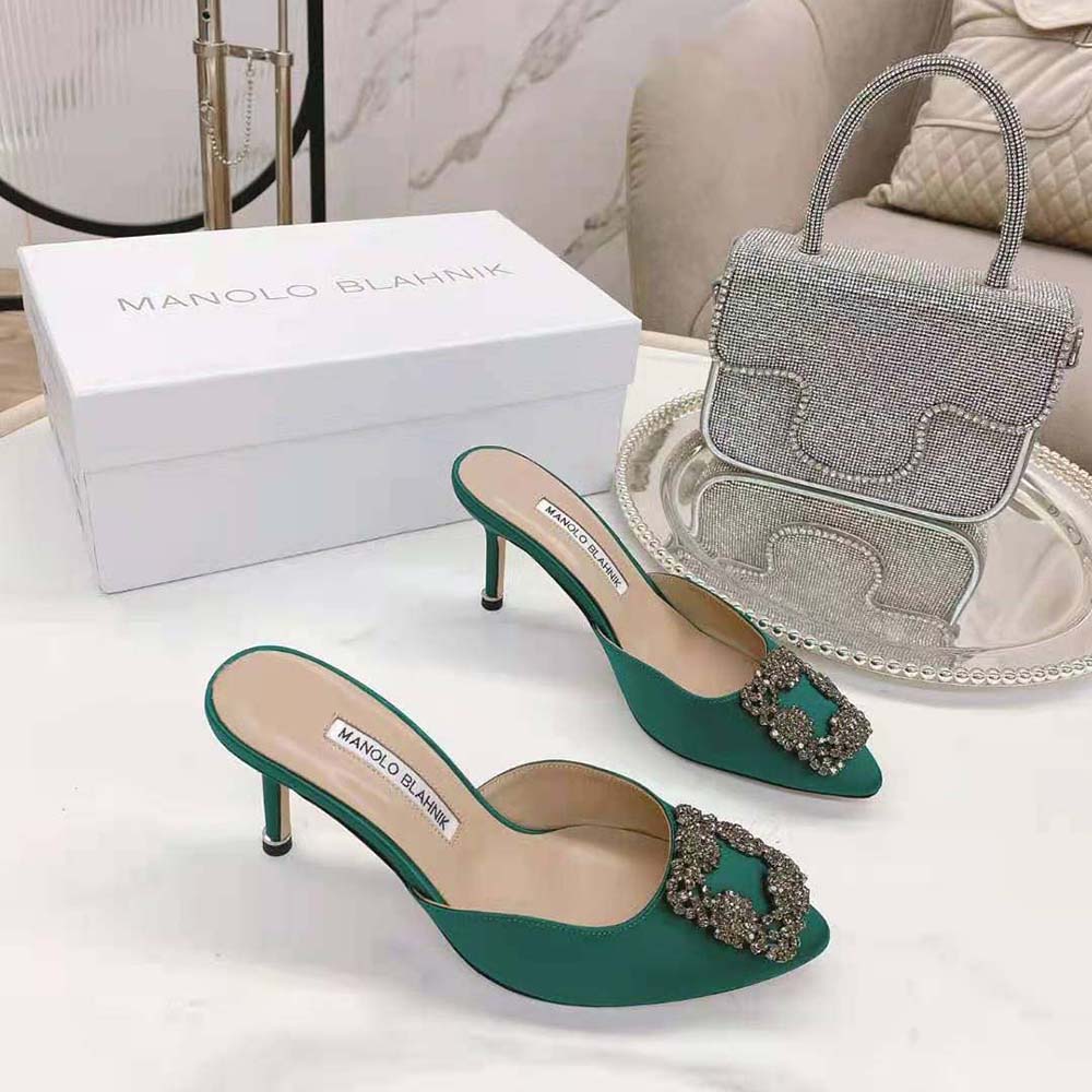 Top view of Manolo Blahnik Women Green Satin Jewel Buckle Mules open-back style