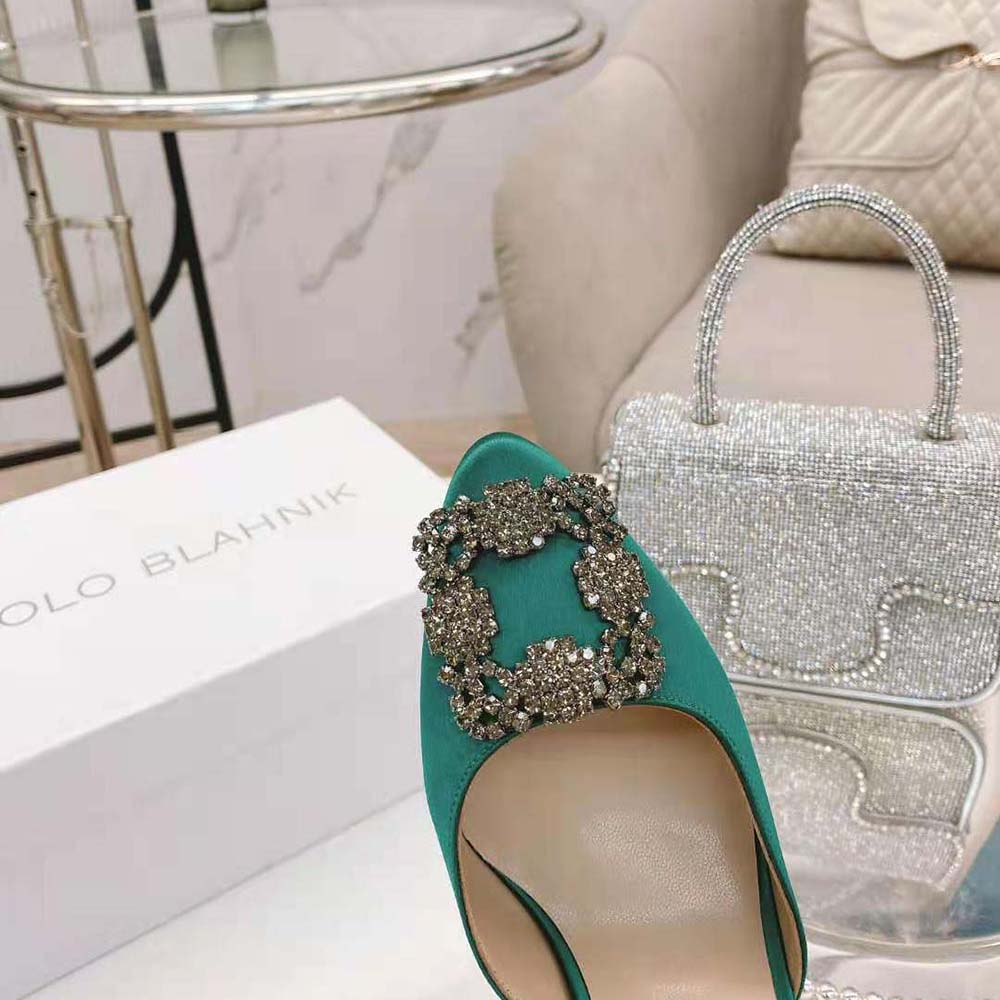Manolo Blahnik Women Green Satin Jewel Buckle Mules - image 8