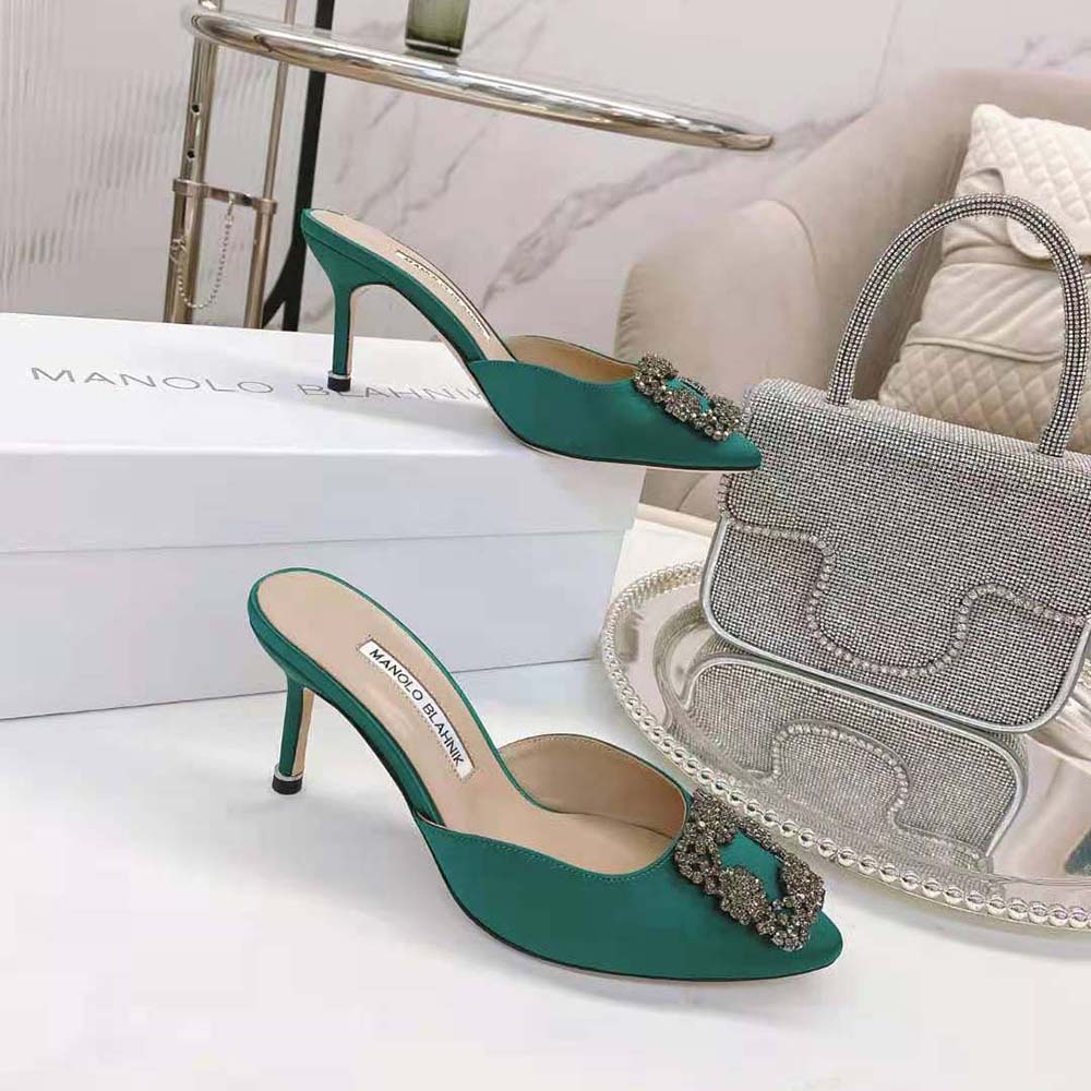 Manolo Blahnik Women Green Satin Jewel Buckle Mules - image 5