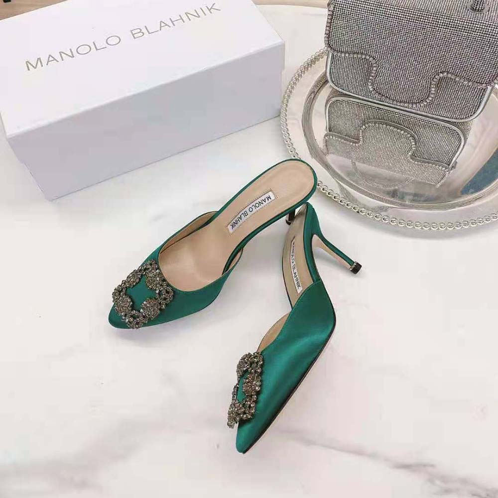 Manolo Blahnik Women Green Satin Jewel Buckle Mules - image 6