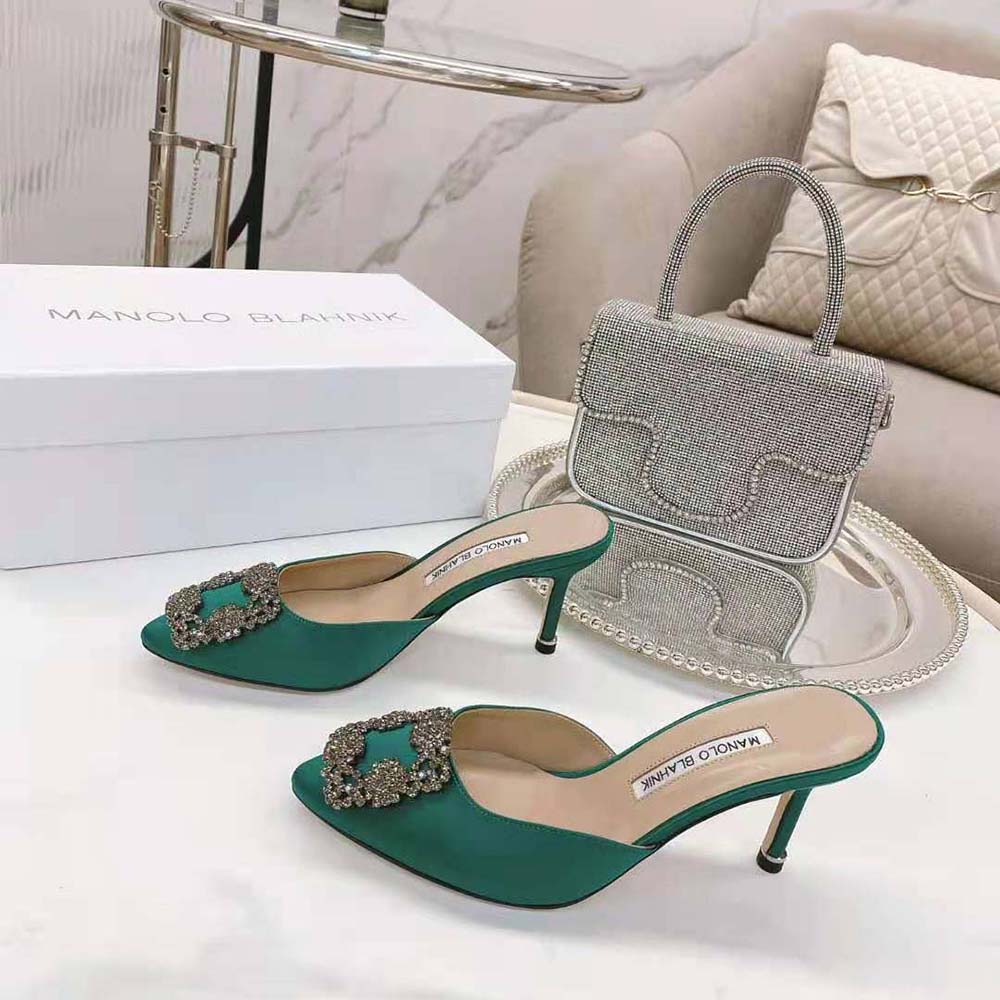 Manolo Blahnik Women Green Satin Jewel Buckle Mules - image 4