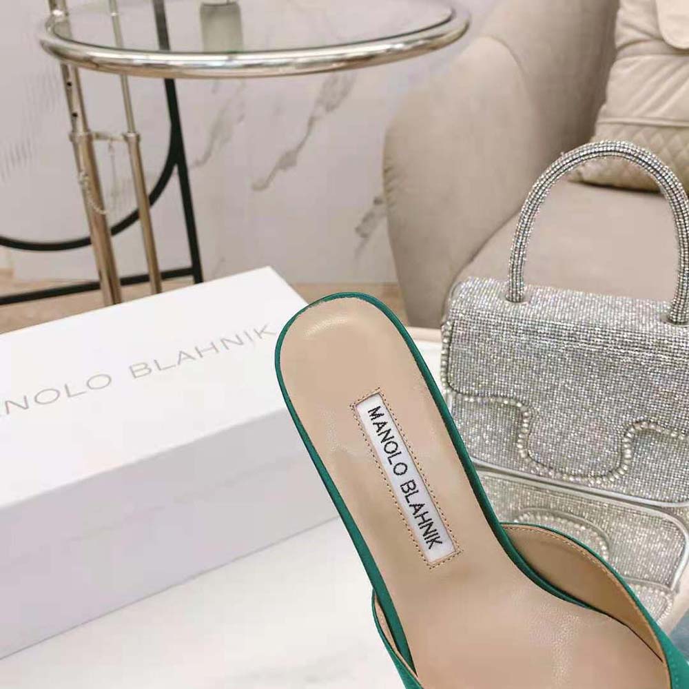 Manolo Blahnik Women Green Satin Jewel Buckle Mules - image 10