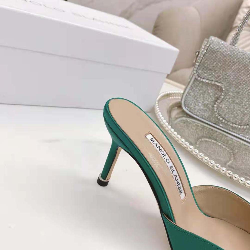 Manolo Blahnik Women Green Satin Jewel Buckle Mules - image 9