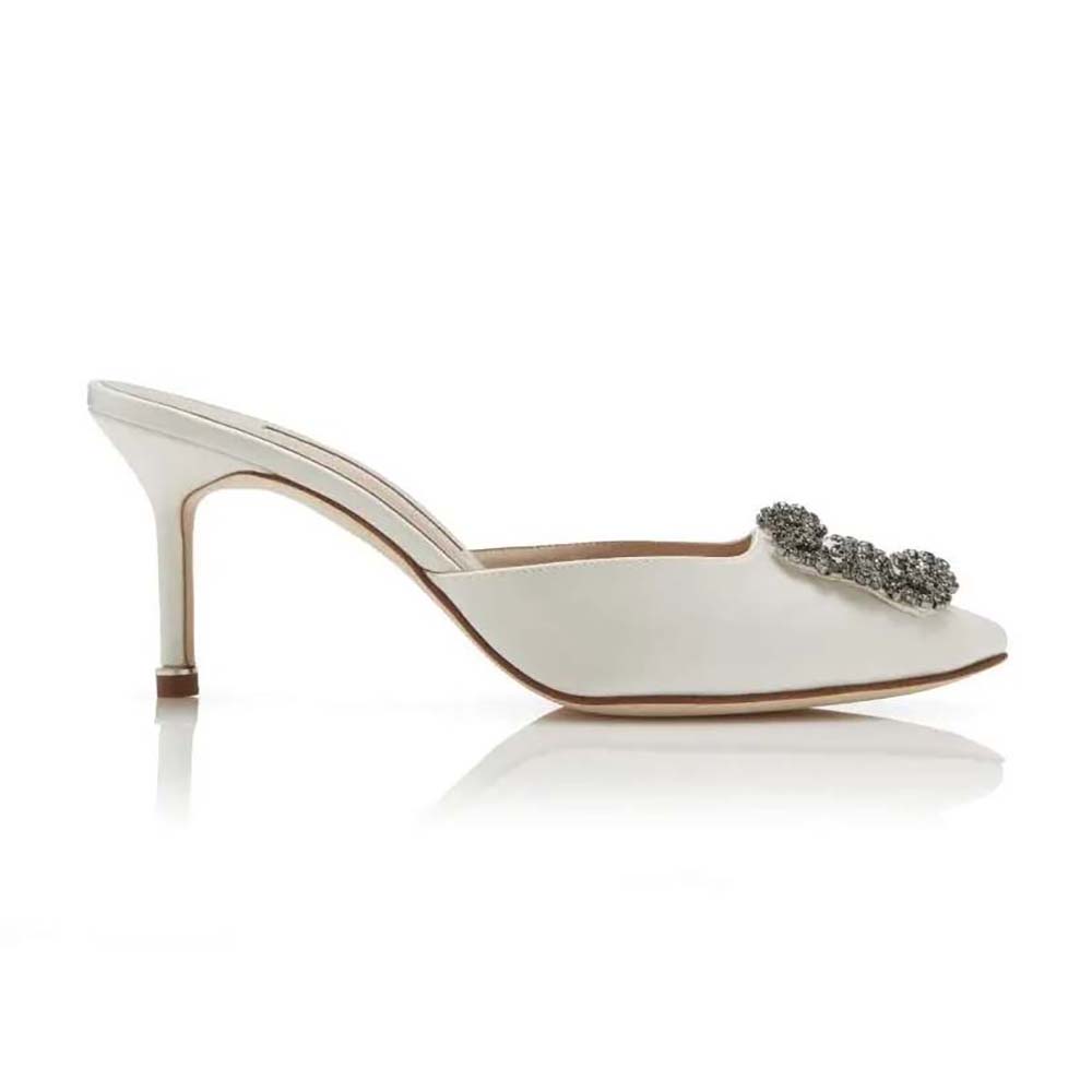 Side view of Manolo Blahnik Women Off-White Satin Jewel Buckle Mules