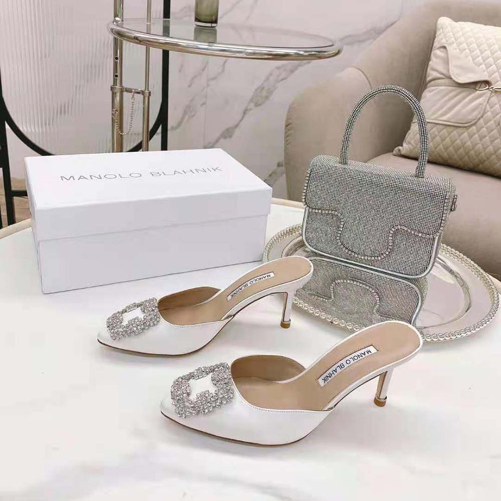 Manolo Blahnik Women Off-White Satin Jewel Buckle Mules - image 4