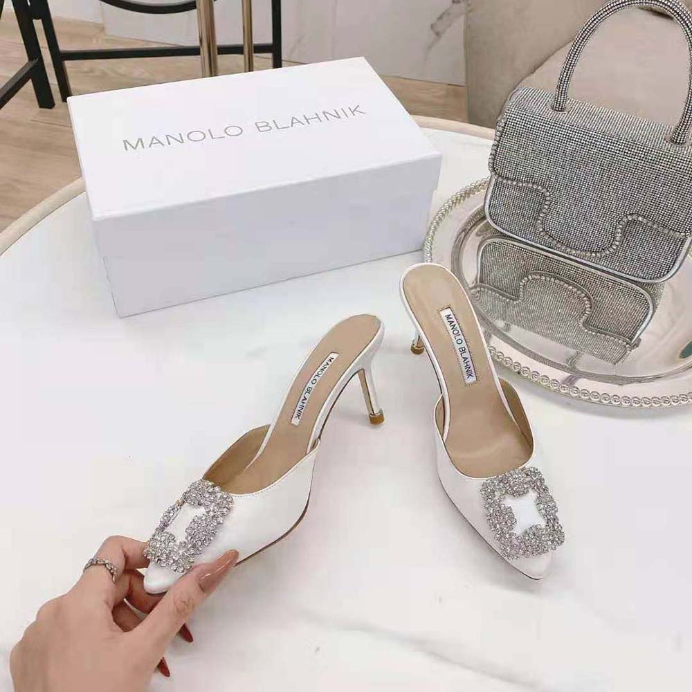 Manolo Blahnik Women Off-White Satin Jewel Buckle Mules - image 5