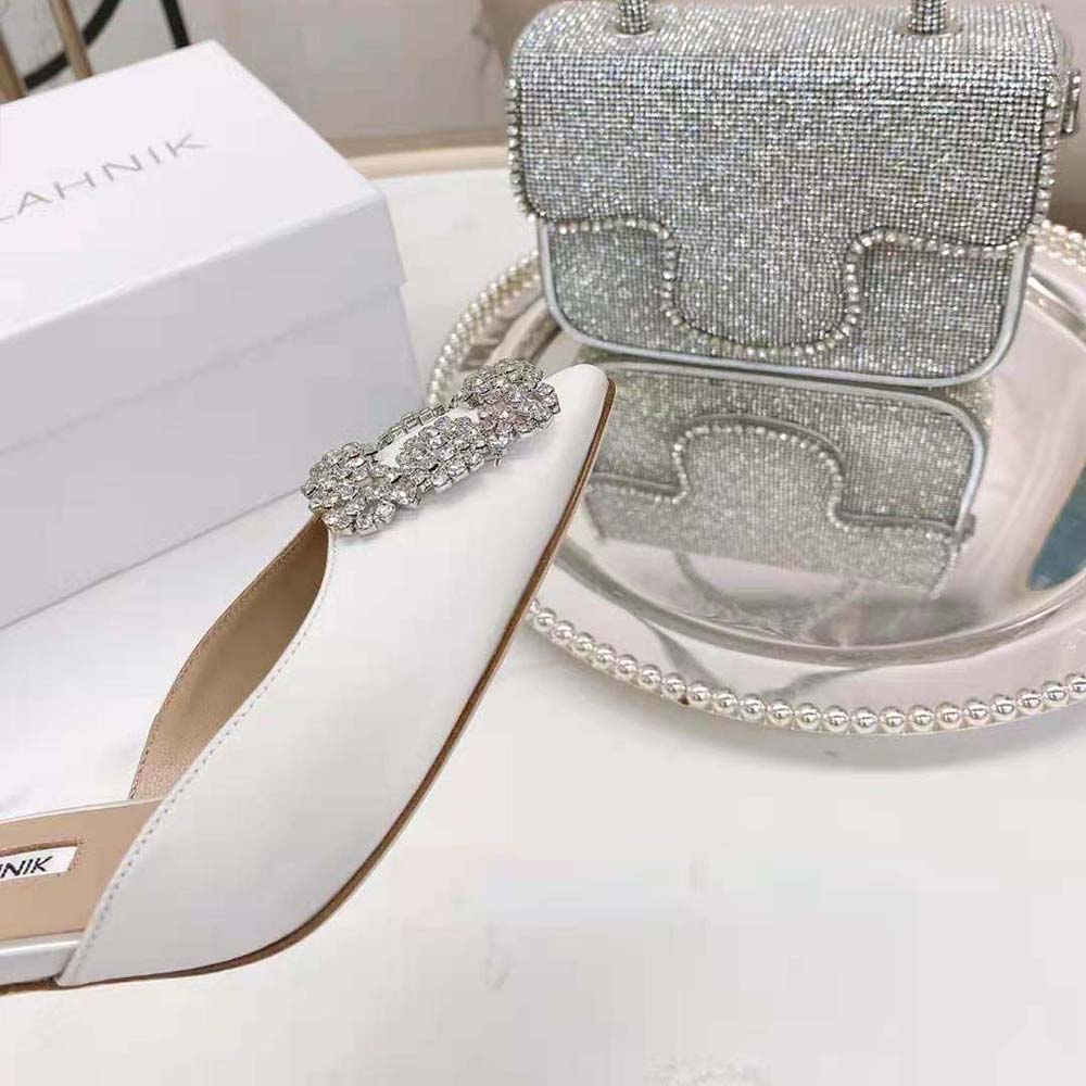 Manolo Blahnik Women Off-White Satin Jewel Buckle Mules - image 8
