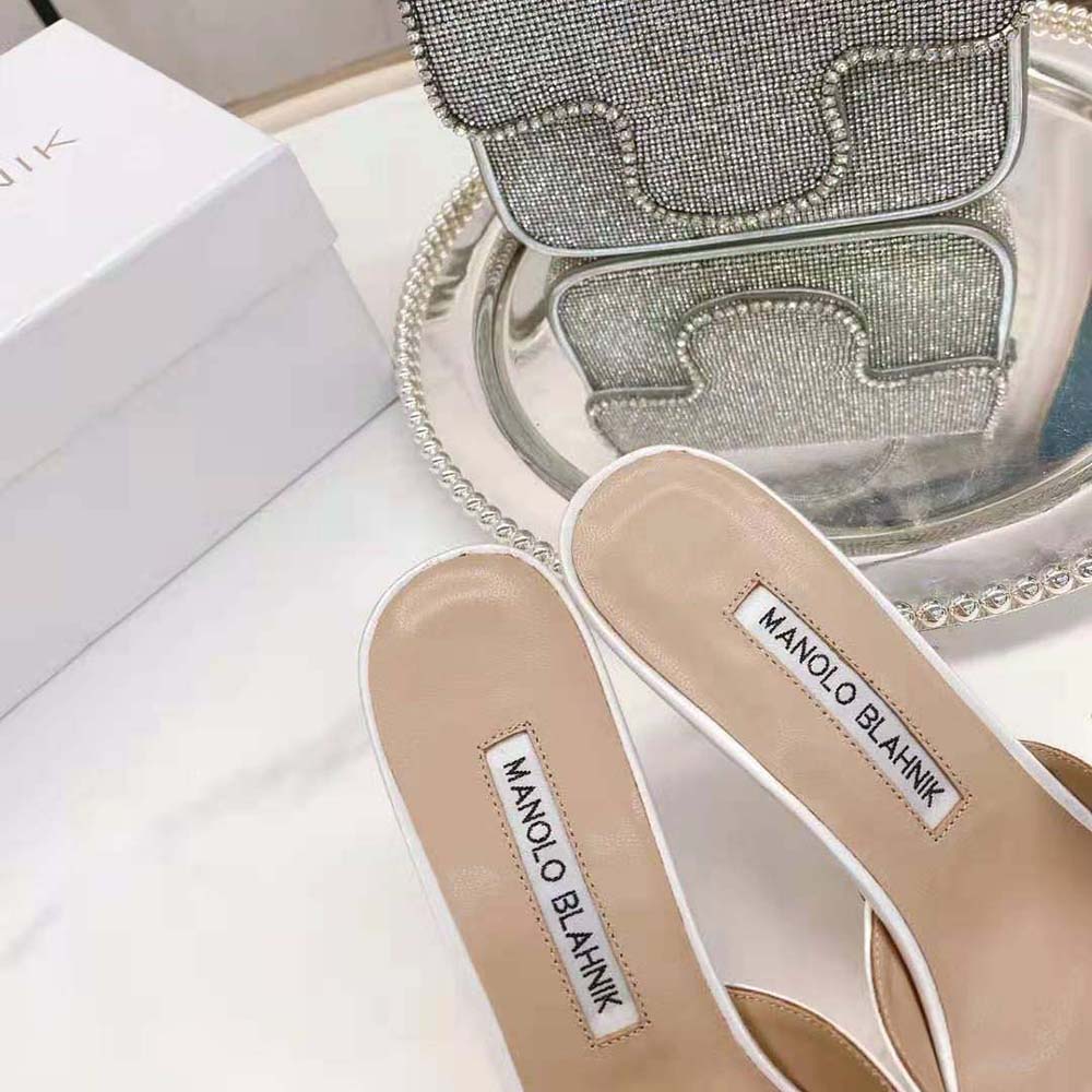 Manolo Blahnik Women Off-White Satin Jewel Buckle Mules - image 7
