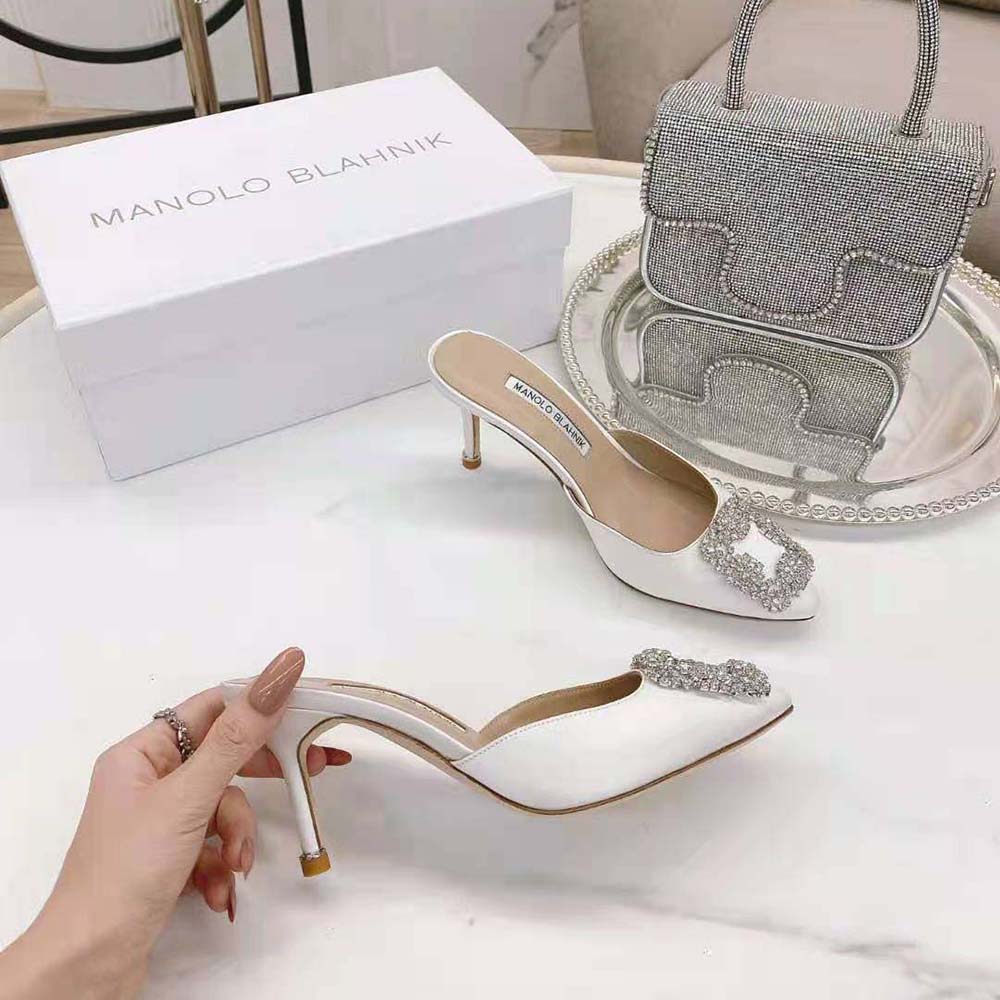 Manolo Blahnik Women Off-White Satin Jewel Buckle Mules - image 6