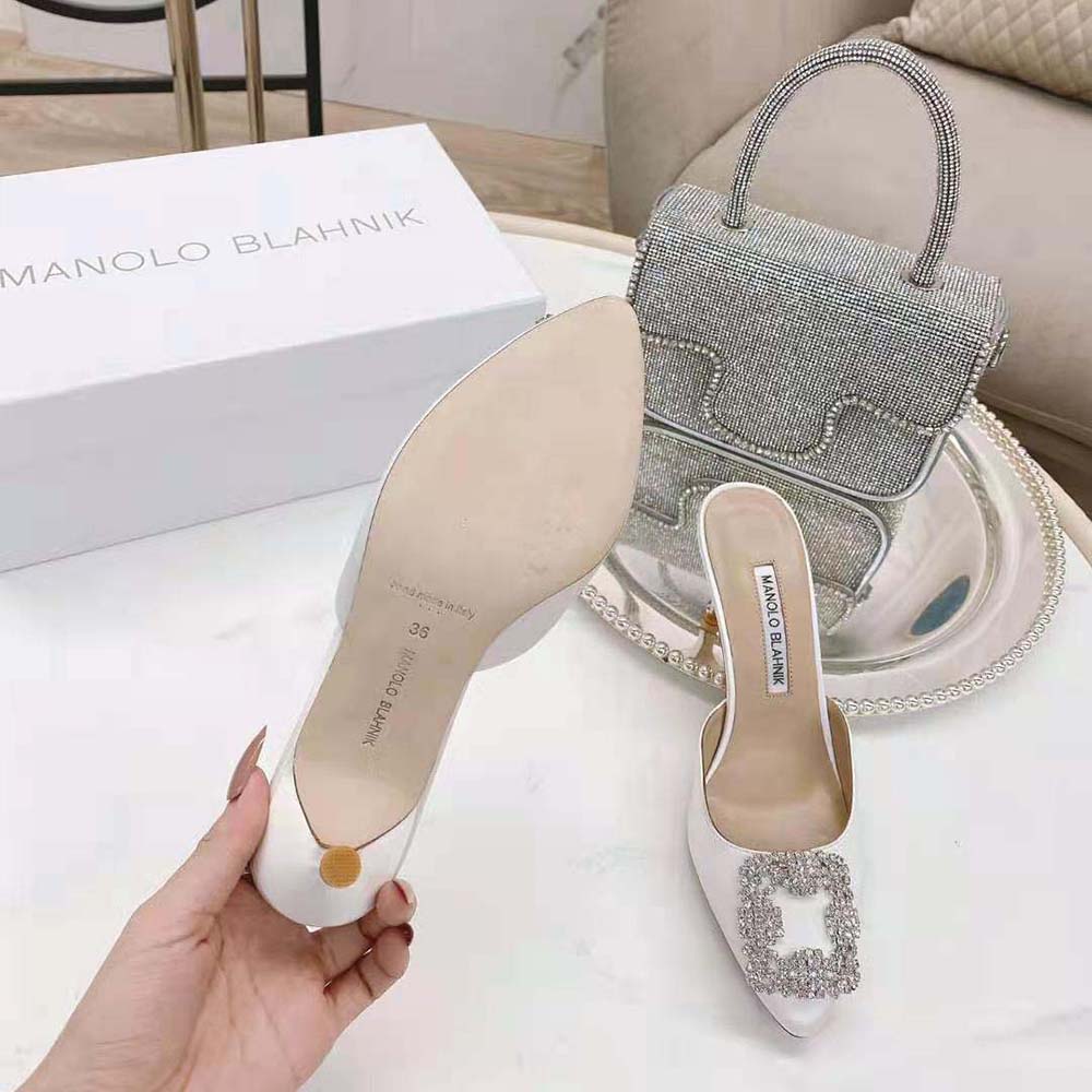 Manolo Blahnik Women Off-White Satin Jewel Buckle Mules - image 9