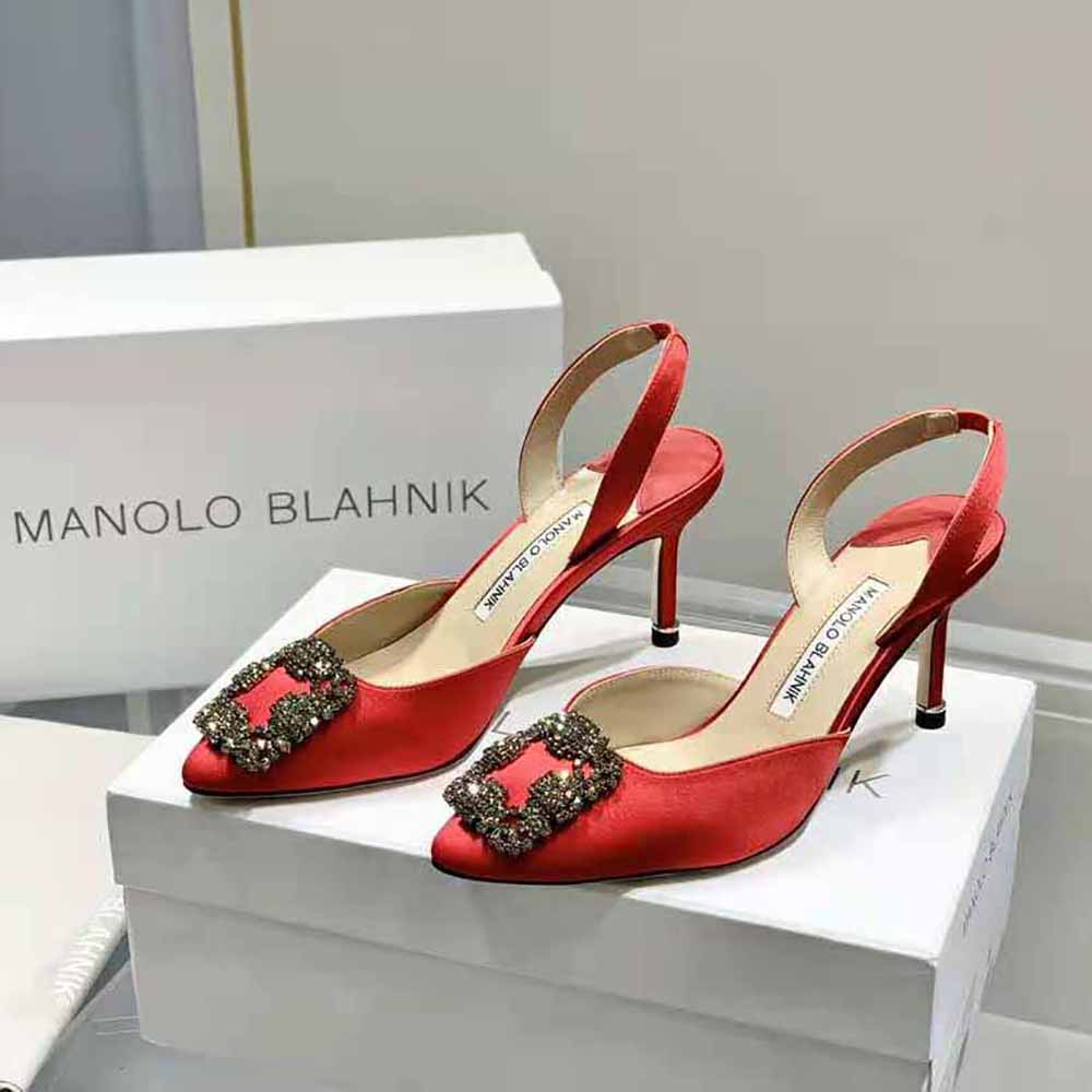 Manolo Blahnik Women Red Satin Jewel Buckle Slingback Pumps - image 4