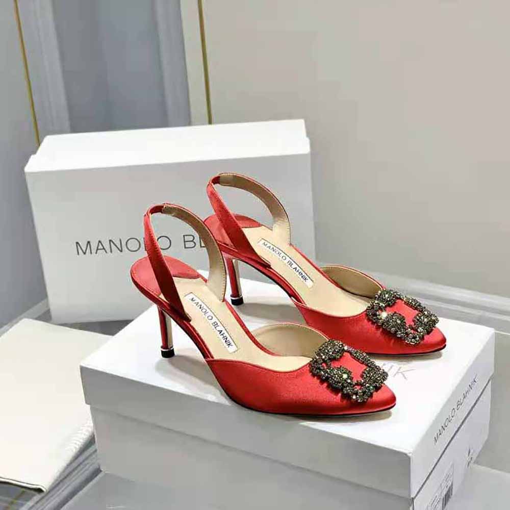 Back angle showing slingback strap of Manolo Blahnik Red Satin Pumps