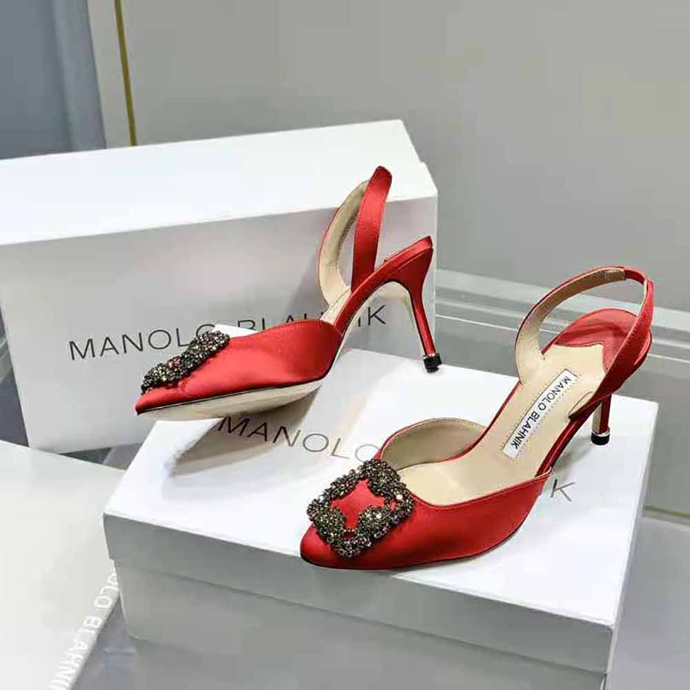 Manolo Blahnik Women Red Satin Jewel Buckle Slingback Pumps - image 5