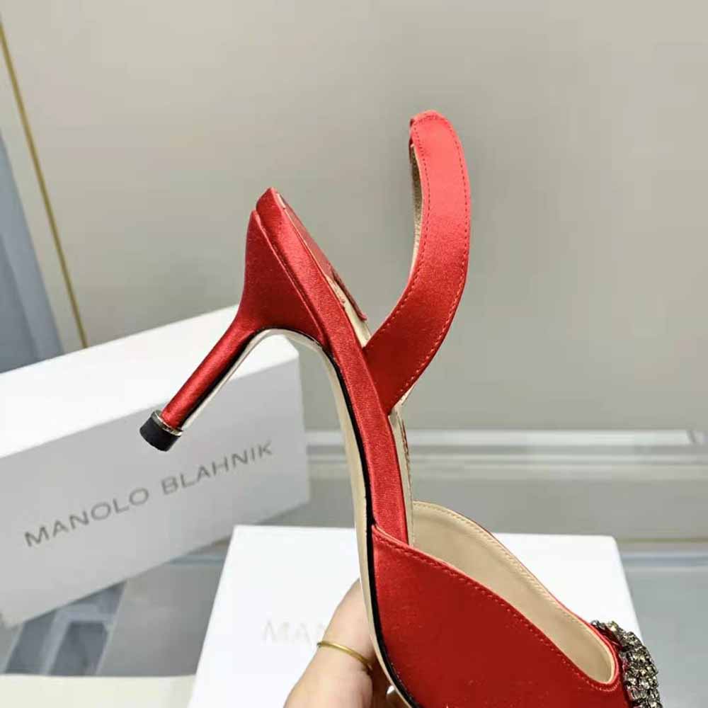 Manolo Blahnik Women Red Satin Jewel Buckle Slingback Pumps - image 9