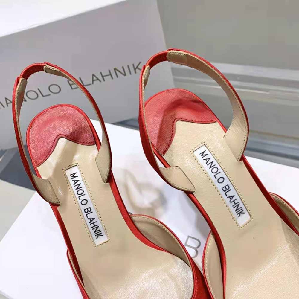 Manolo Blahnik Women Red Satin Jewel Buckle Slingback Pumps - image 8