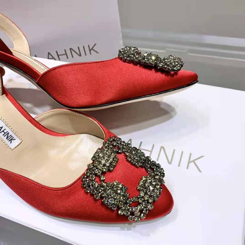Manolo Blahnik Women Red Satin Jewel Buckle Slingback Pumps - image 7
