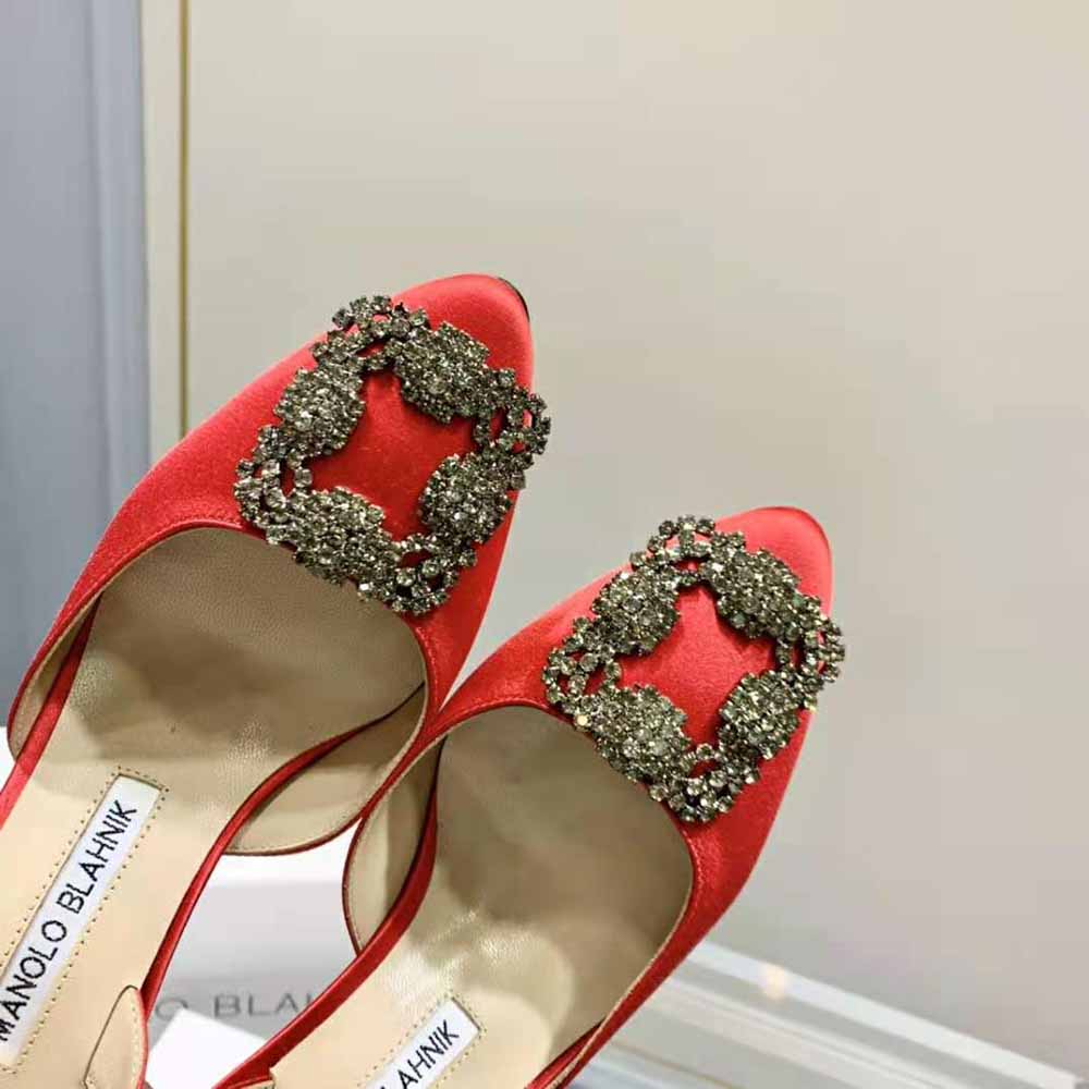 Manolo Blahnik Women Red Satin Jewel Buckle Slingback Pumps - image 6