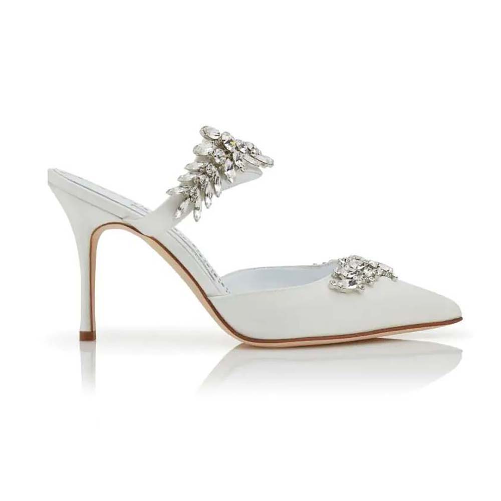 Front angle of Manolo Blahnik Women White Satin Crystal Embellished Mules
